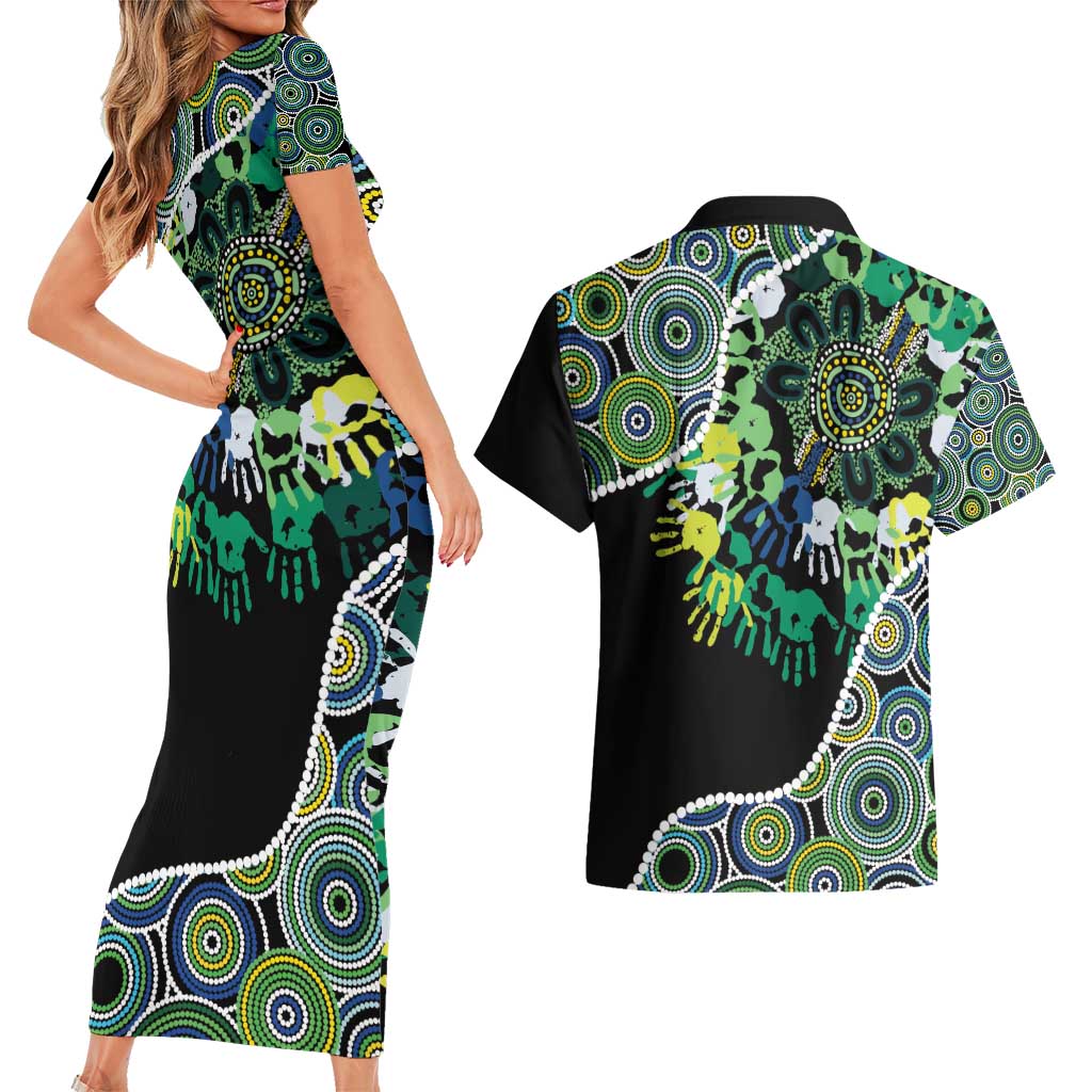 Honouring 50 Year Of NAIDOC Couples Matching Short Sleeve Bodycon Dress and Hawaiian Shirt Honouring The Next Generation Green Aboriginal Art