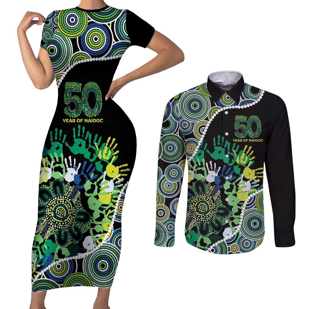 Honouring 50 Year Of NAIDOC Couples Matching Short Sleeve Bodycon Dress and Long Sleeve Button Shirt Honouring The Next Generation Green Aboriginal Art
