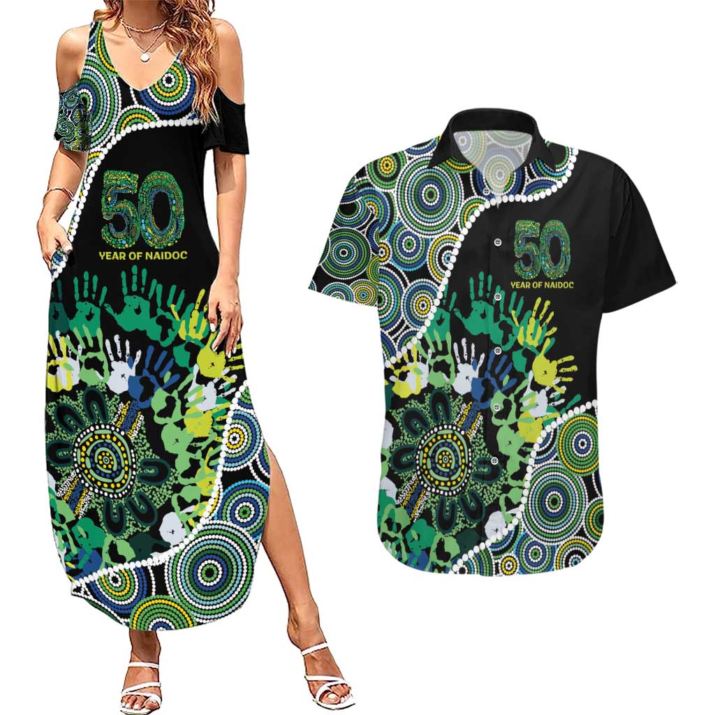 Honouring 50 Year Of NAIDOC Couples Matching Summer Maxi Dress and Hawaiian Shirt Honouring The Next Generation Green Aboriginal Art