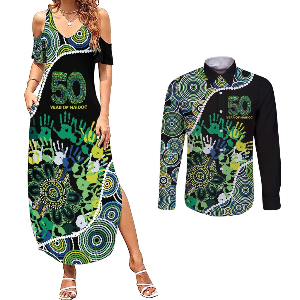 Honouring 50 Year Of NAIDOC Couples Matching Summer Maxi Dress and Long Sleeve Button Shirt Honouring The Next Generation Green Aboriginal Art