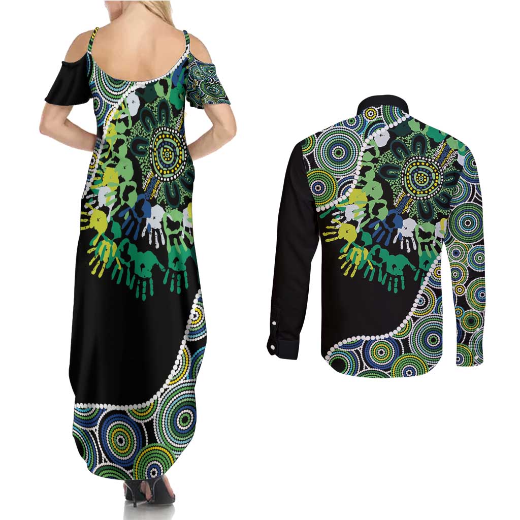 Honouring 50 Year Of NAIDOC Couples Matching Summer Maxi Dress and Long Sleeve Button Shirt Honouring The Next Generation Green Aboriginal Art