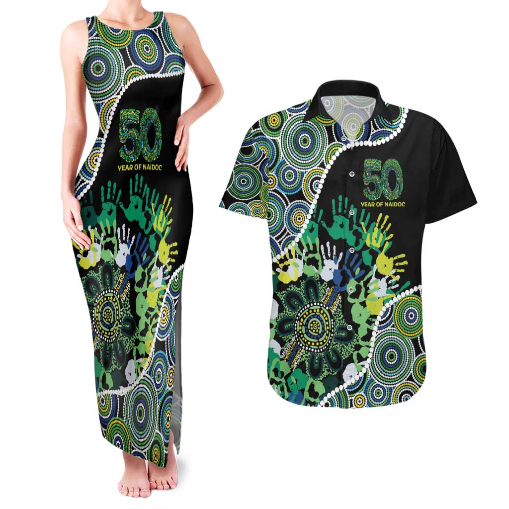 Honouring 50 Year Of NAIDOC Couples Matching Tank Maxi Dress and Hawaiian Shirt Honouring The Next Generation Green Aboriginal Art