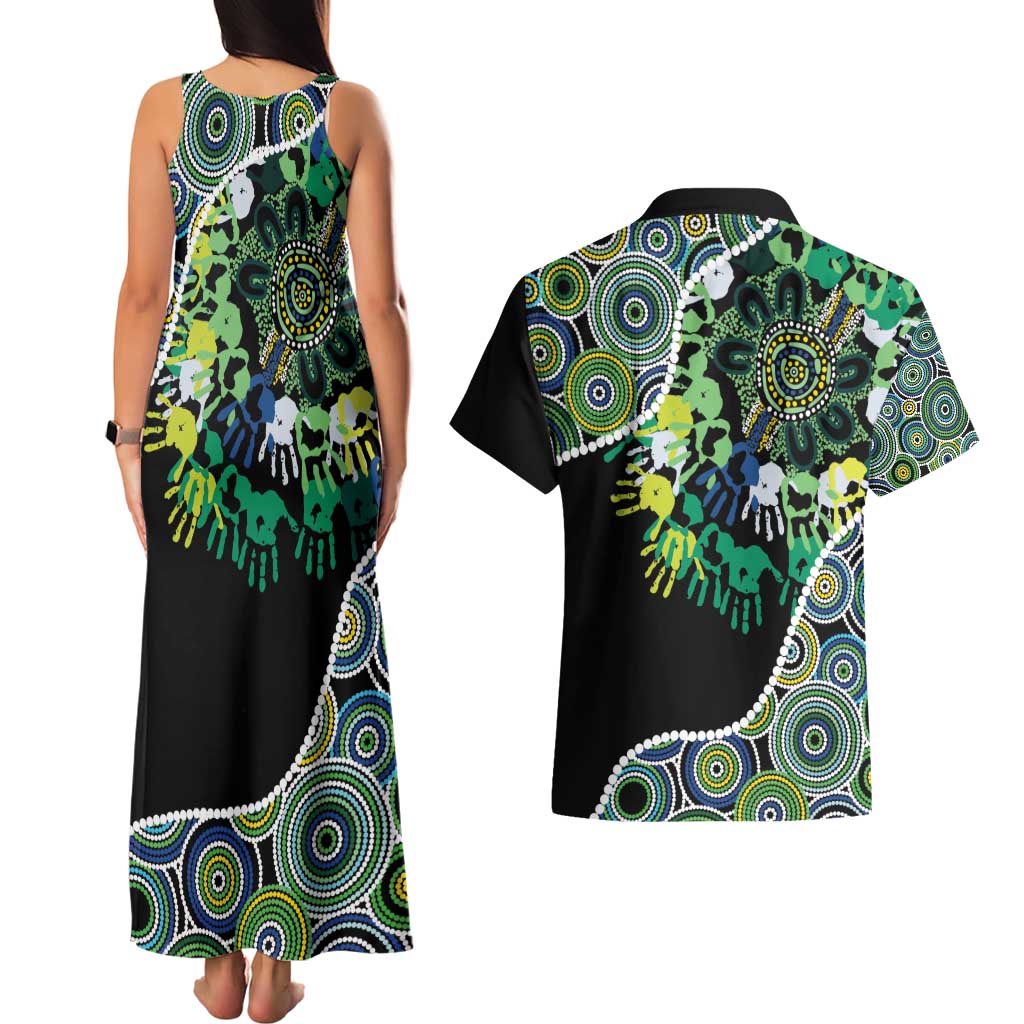 Honouring 50 Year Of NAIDOC Couples Matching Tank Maxi Dress and Hawaiian Shirt Honouring The Next Generation Green Aboriginal Art