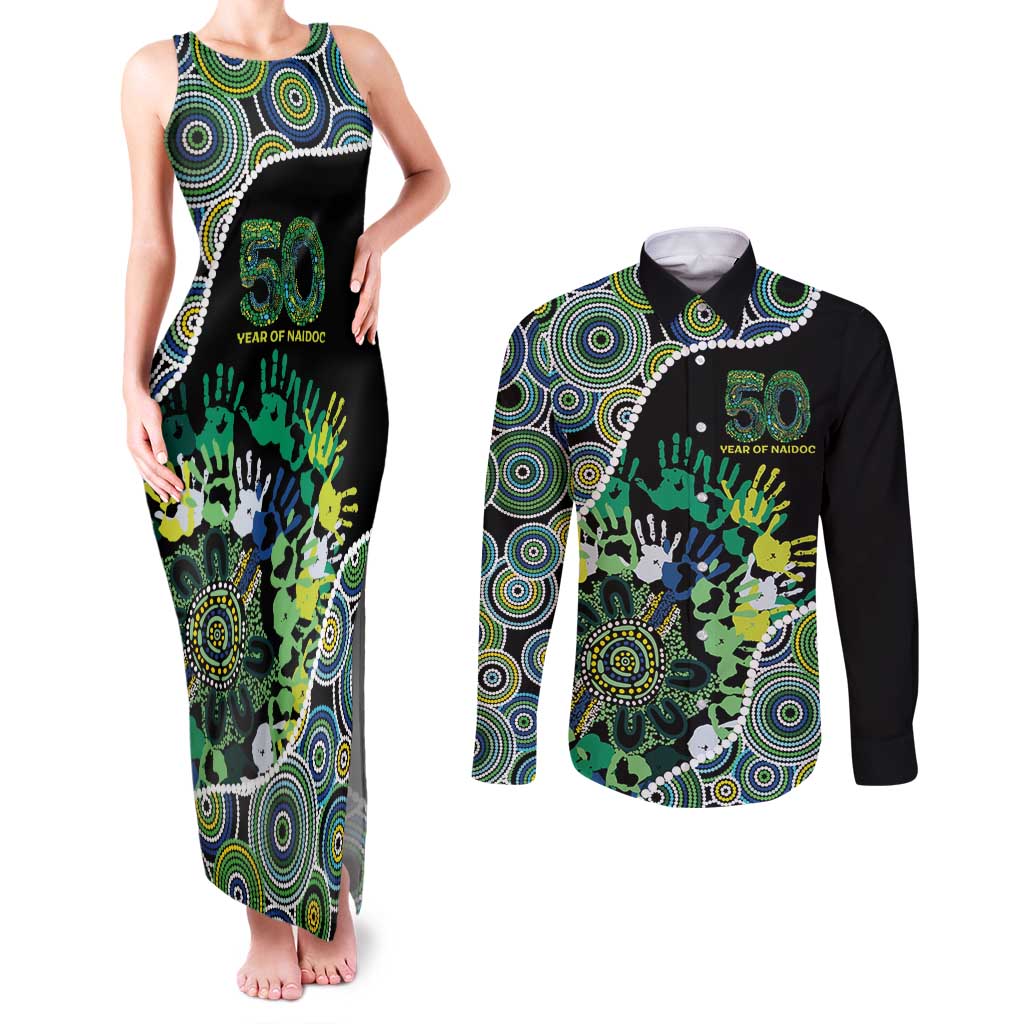 Honouring 50 Year Of NAIDOC Couples Matching Tank Maxi Dress and Long Sleeve Button Shirt Honouring The Next Generation Green Aboriginal Art