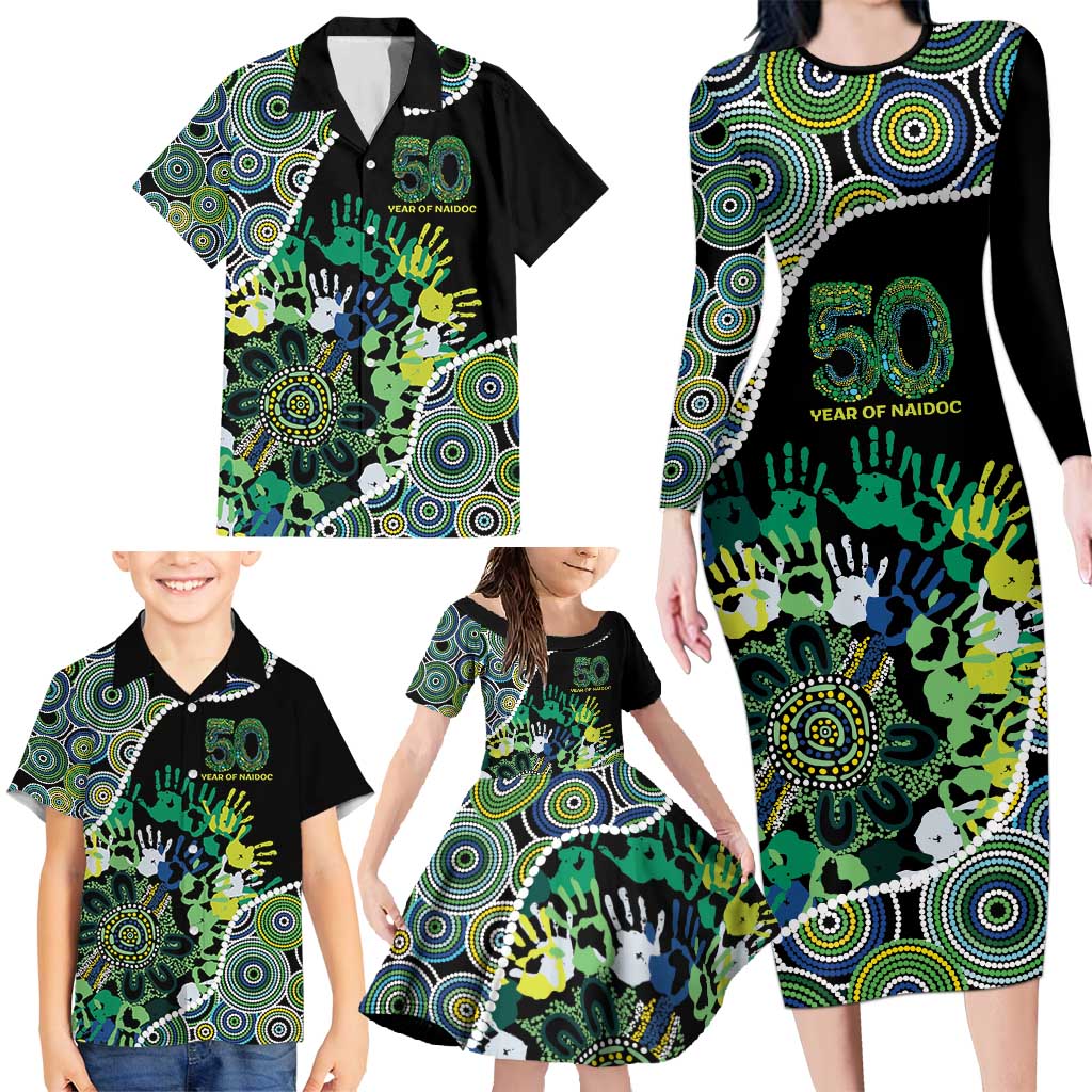 Honouring 50 Year Of NAIDOC Family Matching Long Sleeve Bodycon Dress and Hawaiian Shirt Honouring The Next Generation Green Aboriginal Art