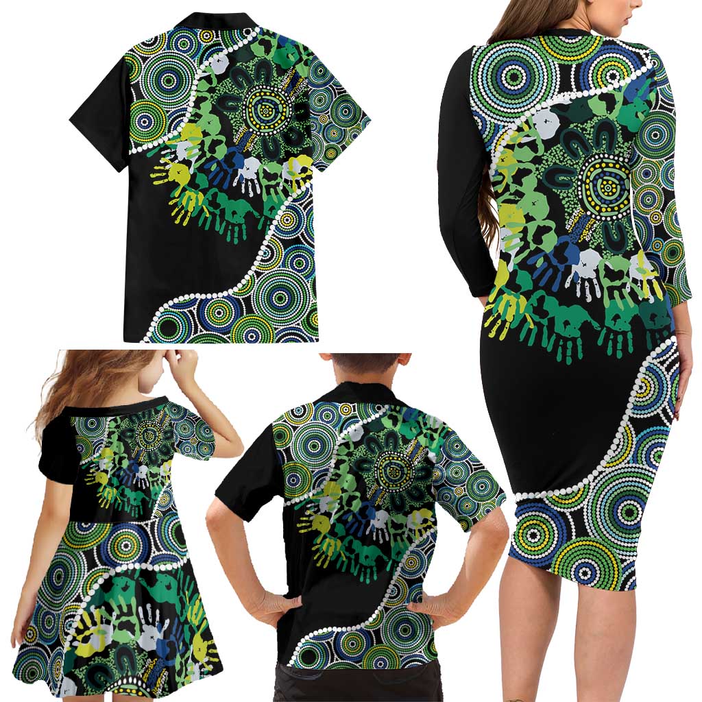 Honouring 50 Year Of NAIDOC Family Matching Long Sleeve Bodycon Dress and Hawaiian Shirt Honouring The Next Generation Green Aboriginal Art