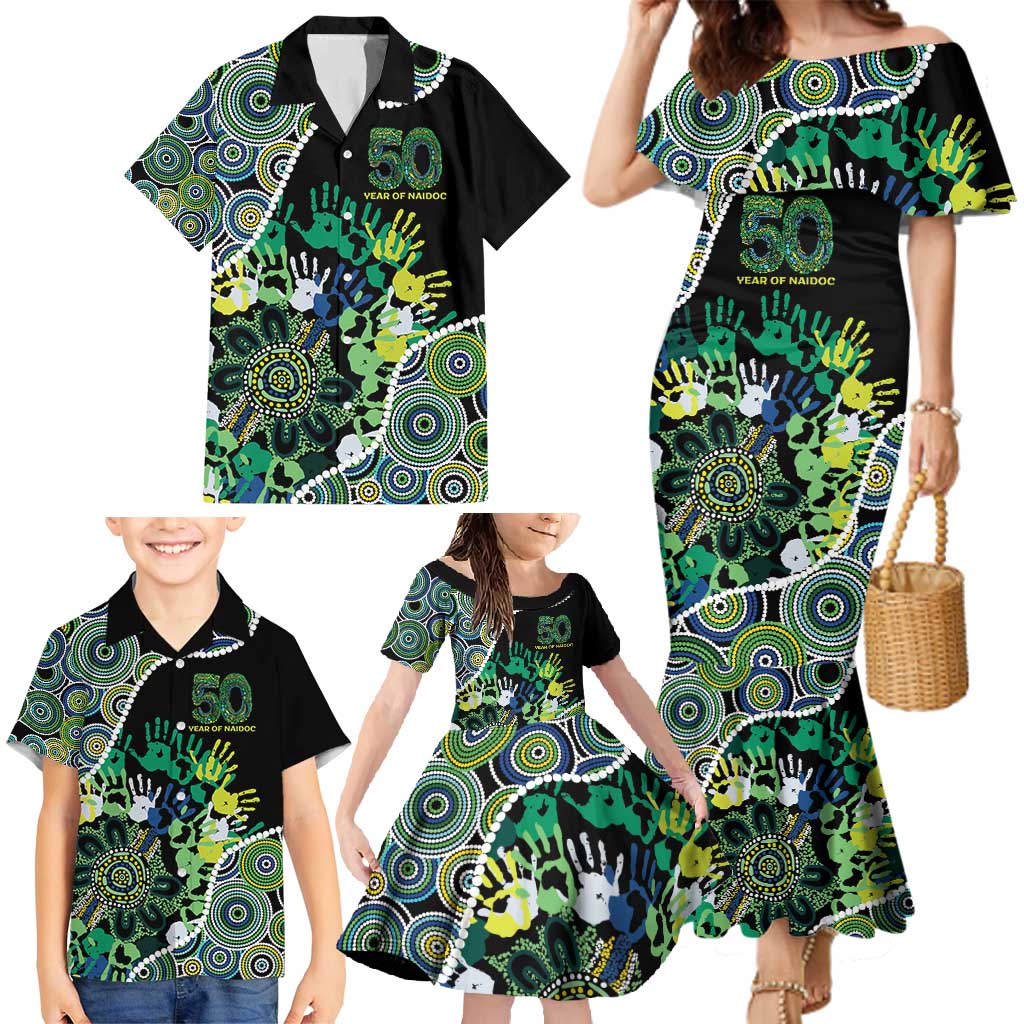 Honouring 50 Year Of NAIDOC Family Matching Mermaid Dress and Hawaiian Shirt Honouring The Next Generation Green Aboriginal Art