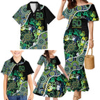 Honouring 50 Year Of NAIDOC Family Matching Mermaid Dress and Hawaiian Shirt Honouring The Next Generation Green Aboriginal Art