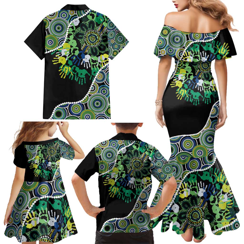 Honouring 50 Year Of NAIDOC Family Matching Mermaid Dress and Hawaiian Shirt Honouring The Next Generation Green Aboriginal Art