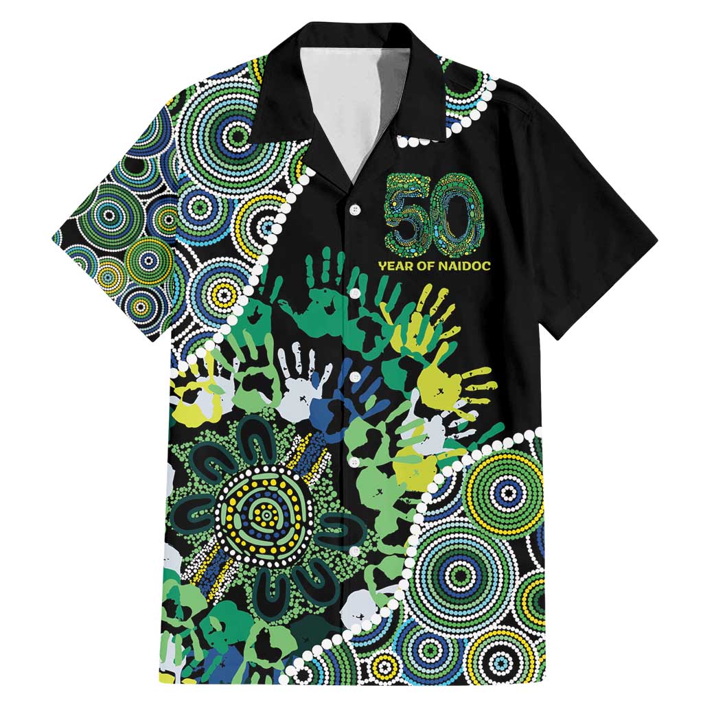 Honouring 50 Year Of NAIDOC Family Matching Mermaid Dress and Hawaiian Shirt Honouring The Next Generation Green Aboriginal Art