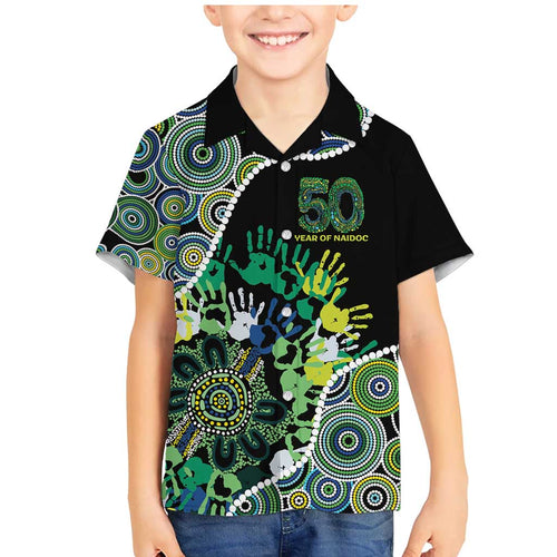 Honouring 50 Year Of NAIDOC Family Matching Mermaid Dress and Hawaiian Shirt Honouring The Next Generation Green Aboriginal Art
