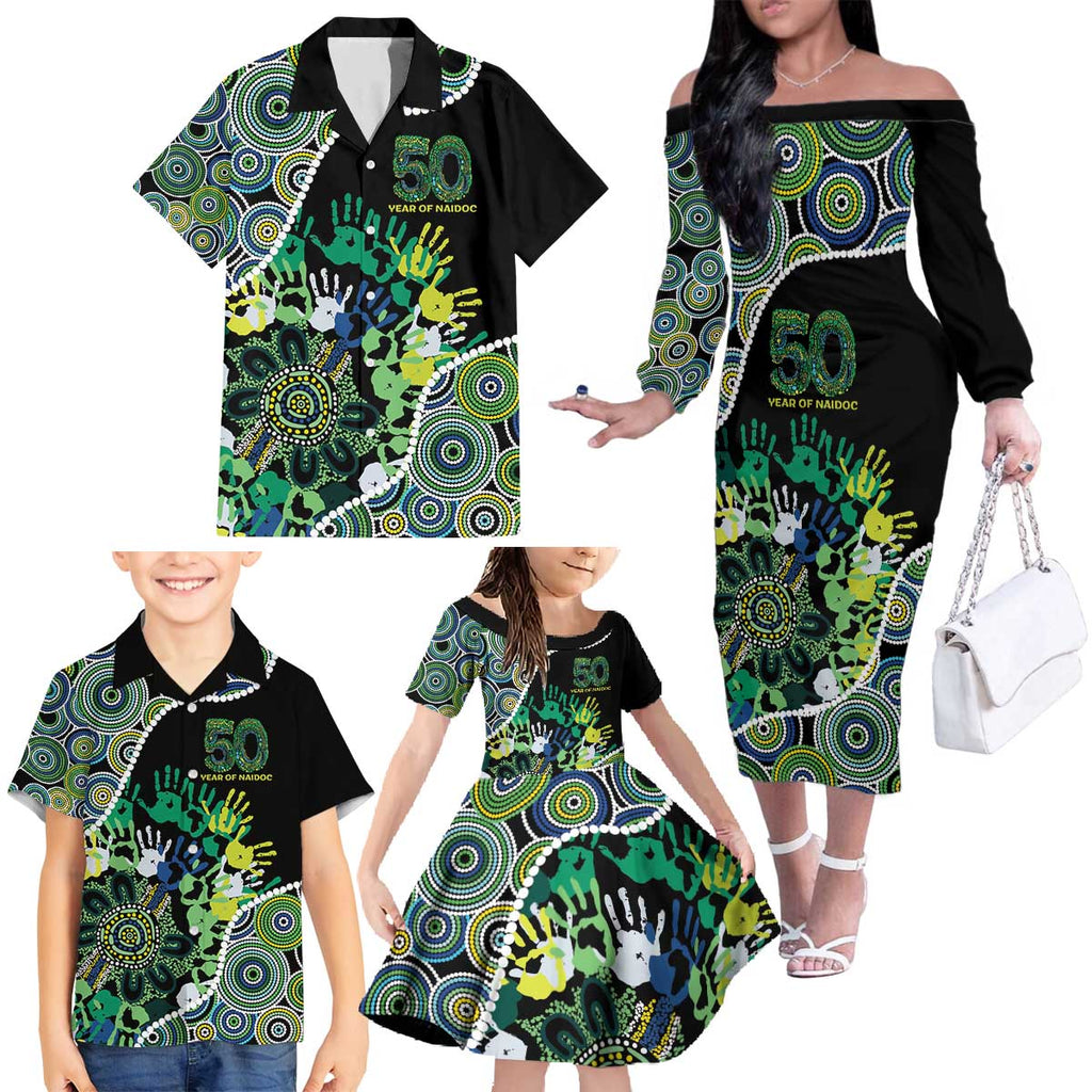 Honouring 50 Year Of NAIDOC Family Matching Off The Shoulder Long Sleeve Dress and Hawaiian Shirt Honouring The Next Generation Green Aboriginal Art