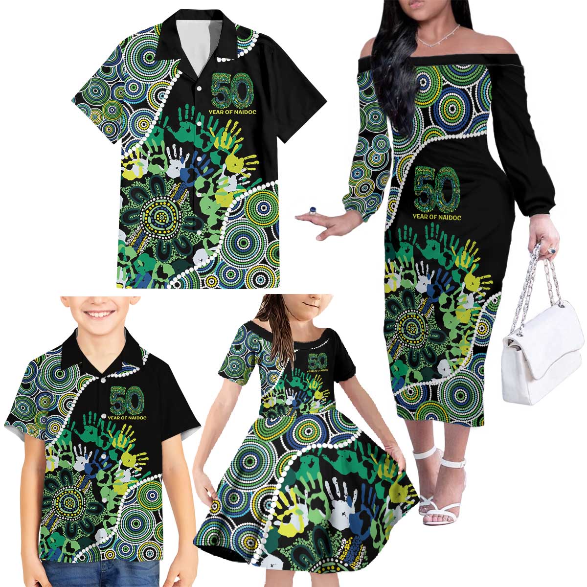 Honouring 50 Year Of NAIDOC Family Matching Off The Shoulder Long Sleeve Dress and Hawaiian Shirt Honouring The Next Generation Green Aboriginal Art