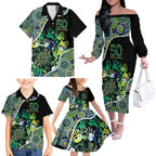 Honouring 50 Year Of NAIDOC Family Matching Off The Shoulder Long Sleeve Dress and Hawaiian Shirt Honouring The Next Generation Green Aboriginal Art