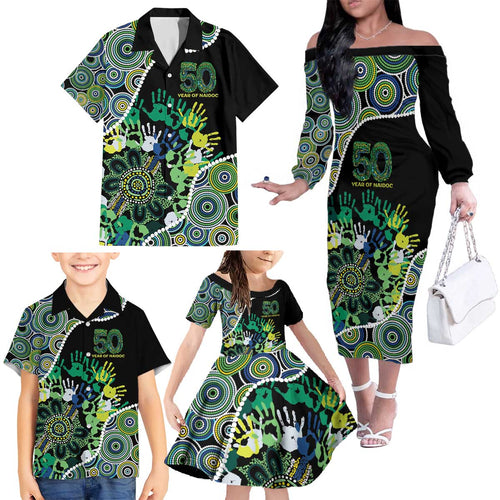 Honouring 50 Year Of NAIDOC Family Matching Off The Shoulder Long Sleeve Dress and Hawaiian Shirt Honouring The Next Generation Green Aboriginal Art