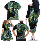 Honouring 50 Year Of NAIDOC Family Matching Off The Shoulder Long Sleeve Dress and Hawaiian Shirt Honouring The Next Generation Green Aboriginal Art