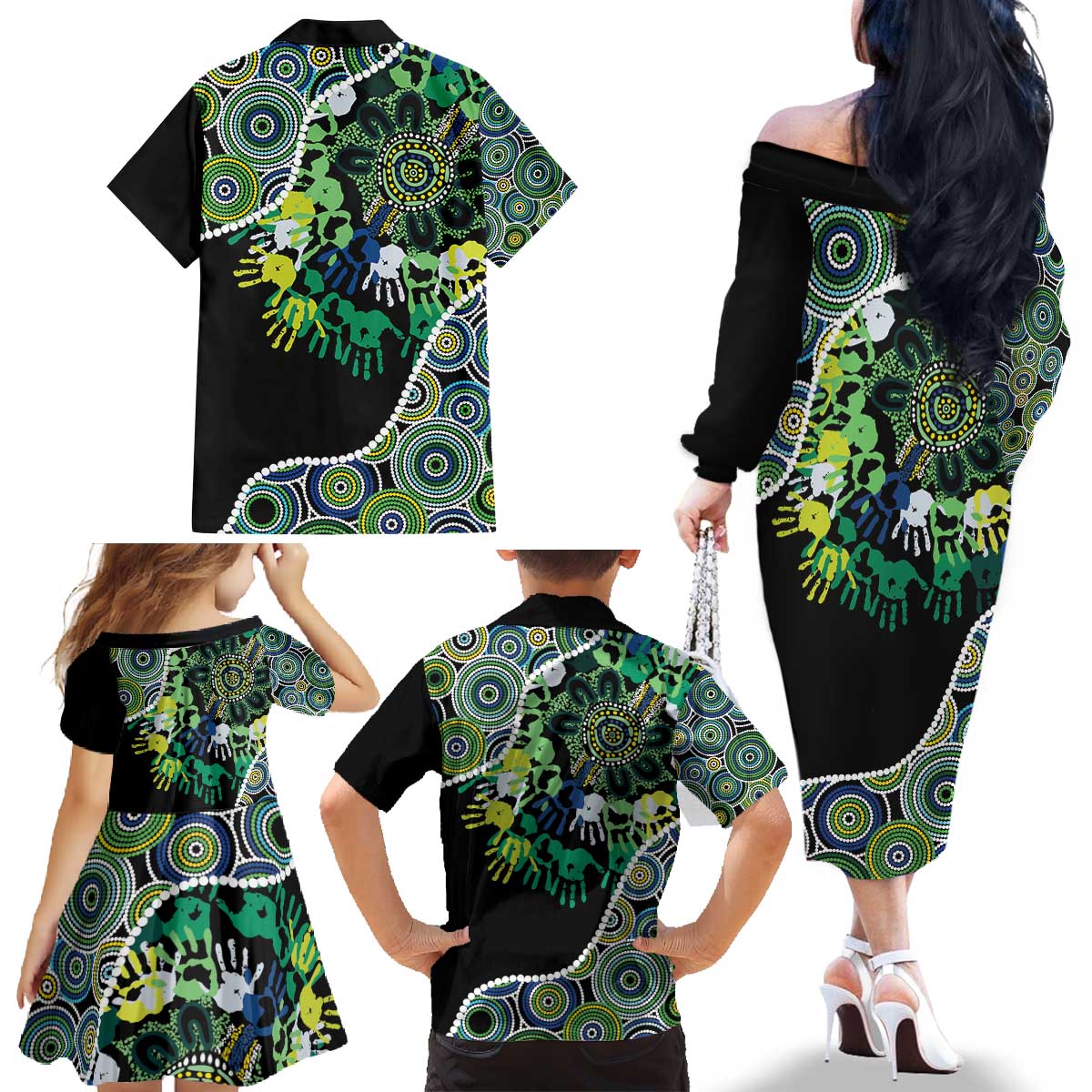 Honouring 50 Year Of NAIDOC Family Matching Off The Shoulder Long Sleeve Dress and Hawaiian Shirt Honouring The Next Generation Green Aboriginal Art