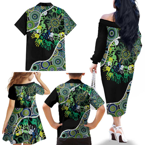 Honouring 50 Year Of NAIDOC Family Matching Off The Shoulder Long Sleeve Dress and Hawaiian Shirt Honouring The Next Generation Green Aboriginal Art