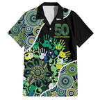 Honouring 50 Year Of NAIDOC Family Matching Off The Shoulder Long Sleeve Dress and Hawaiian Shirt Honouring The Next Generation Green Aboriginal Art