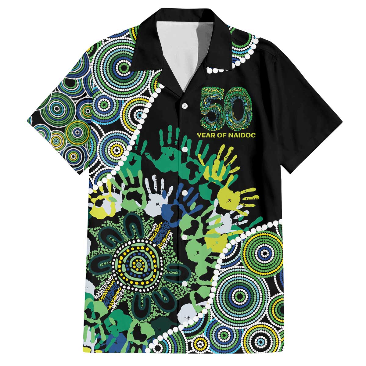 Honouring 50 Year Of NAIDOC Family Matching Off The Shoulder Long Sleeve Dress and Hawaiian Shirt Honouring The Next Generation Green Aboriginal Art