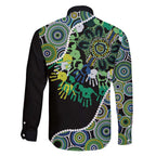 Honouring 50 Year Of NAIDOC Family Matching Off The Shoulder Long Sleeve Dress and Hawaiian Shirt Honouring The Next Generation Green Aboriginal Art