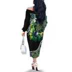 Honouring 50 Year Of NAIDOC Family Matching Off The Shoulder Long Sleeve Dress and Hawaiian Shirt Honouring The Next Generation Green Aboriginal Art