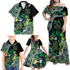 Honouring 50 Year Of NAIDOC Family Matching Off Shoulder Maxi Dress and Hawaiian Shirt Honouring The Next Generation Green Aboriginal Art