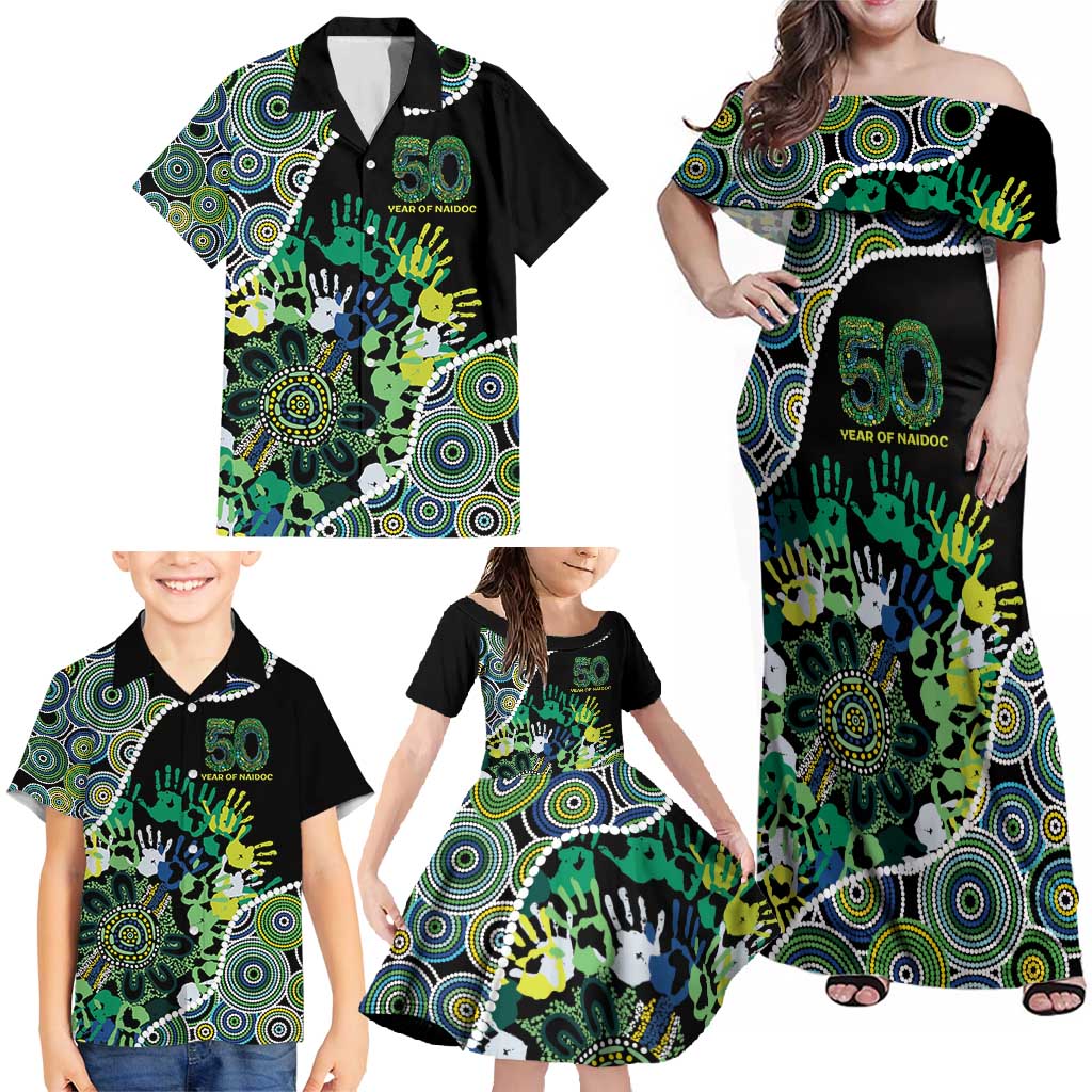 Honouring 50 Year Of NAIDOC Family Matching Off Shoulder Maxi Dress and Hawaiian Shirt Honouring The Next Generation Green Aboriginal Art