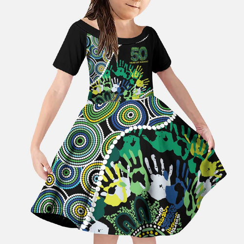 Honouring 50 Year Of NAIDOC Family Matching Off Shoulder Maxi Dress and Hawaiian Shirt Honouring The Next Generation Green Aboriginal Art
