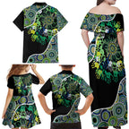 Honouring 50 Year Of NAIDOC Family Matching Off Shoulder Maxi Dress and Hawaiian Shirt Honouring The Next Generation Green Aboriginal Art
