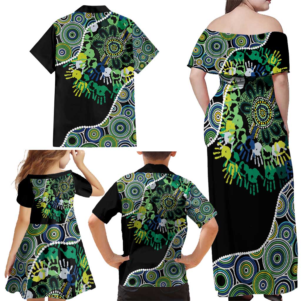 Honouring 50 Year Of NAIDOC Family Matching Off Shoulder Maxi Dress and Hawaiian Shirt Honouring The Next Generation Green Aboriginal Art