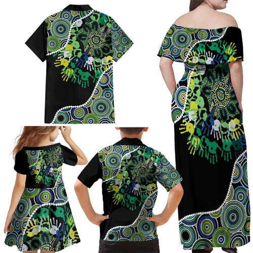 Honouring 50 Year Of NAIDOC Family Matching Off Shoulder Maxi Dress and Hawaiian Shirt Honouring The Next Generation Green Aboriginal Art