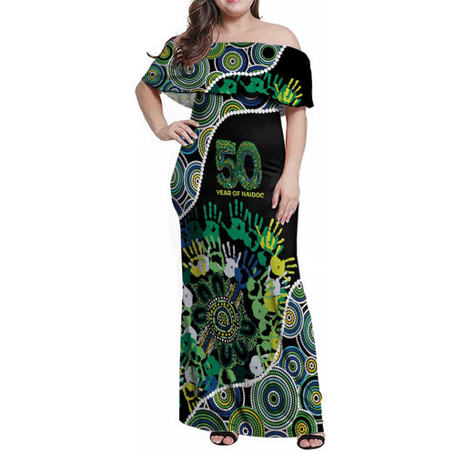 Honouring 50 Year Of NAIDOC Family Matching Off Shoulder Maxi Dress and Hawaiian Shirt Honouring The Next Generation Green Aboriginal Art