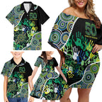 Honouring 50 Year Of NAIDOC Family Matching Off Shoulder Short Dress and Hawaiian Shirt Honouring The Next Generation Green Aboriginal Art
