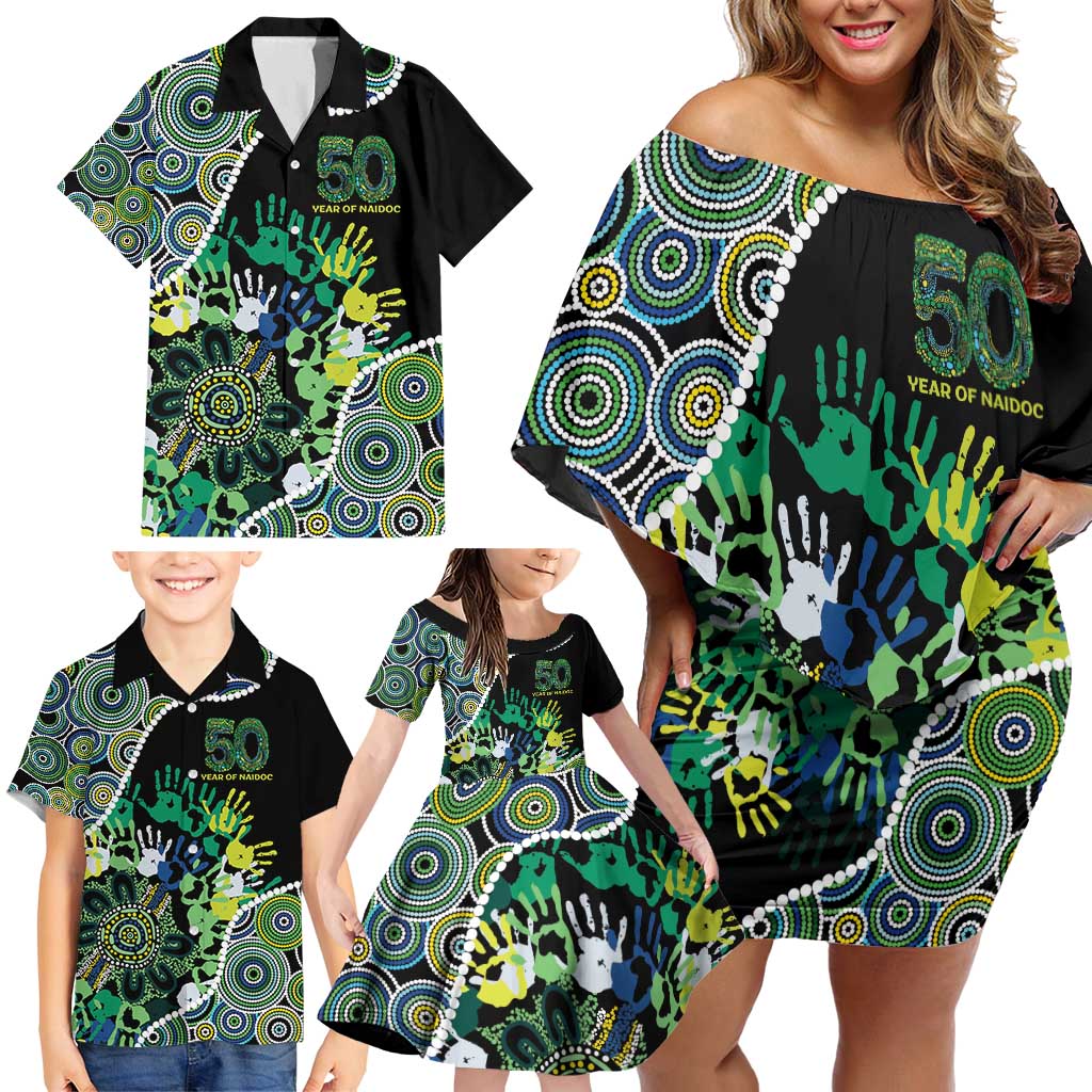 Honouring 50 Year Of NAIDOC Family Matching Off Shoulder Short Dress and Hawaiian Shirt Honouring The Next Generation Green Aboriginal Art