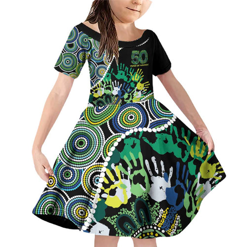 Honouring 50 Year Of NAIDOC Family Matching Off Shoulder Short Dress and Hawaiian Shirt Honouring The Next Generation Green Aboriginal Art