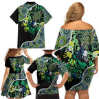 Honouring 50 Year Of NAIDOC Family Matching Off Shoulder Short Dress and Hawaiian Shirt Honouring The Next Generation Green Aboriginal Art