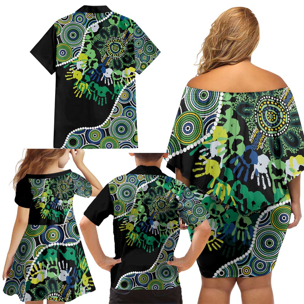 Honouring 50 Year Of NAIDOC Family Matching Off Shoulder Short Dress and Hawaiian Shirt Honouring The Next Generation Green Aboriginal Art