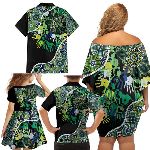 Honouring 50 Year Of NAIDOC Family Matching Off Shoulder Short Dress and Hawaiian Shirt Honouring The Next Generation Green Aboriginal Art
