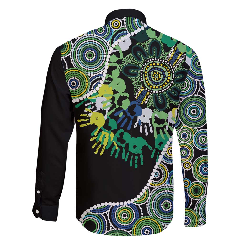 Honouring 50 Year Of NAIDOC Family Matching Off Shoulder Short Dress and Hawaiian Shirt Honouring The Next Generation Green Aboriginal Art