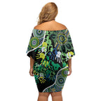 Honouring 50 Year Of NAIDOC Family Matching Off Shoulder Short Dress and Hawaiian Shirt Honouring The Next Generation Green Aboriginal Art