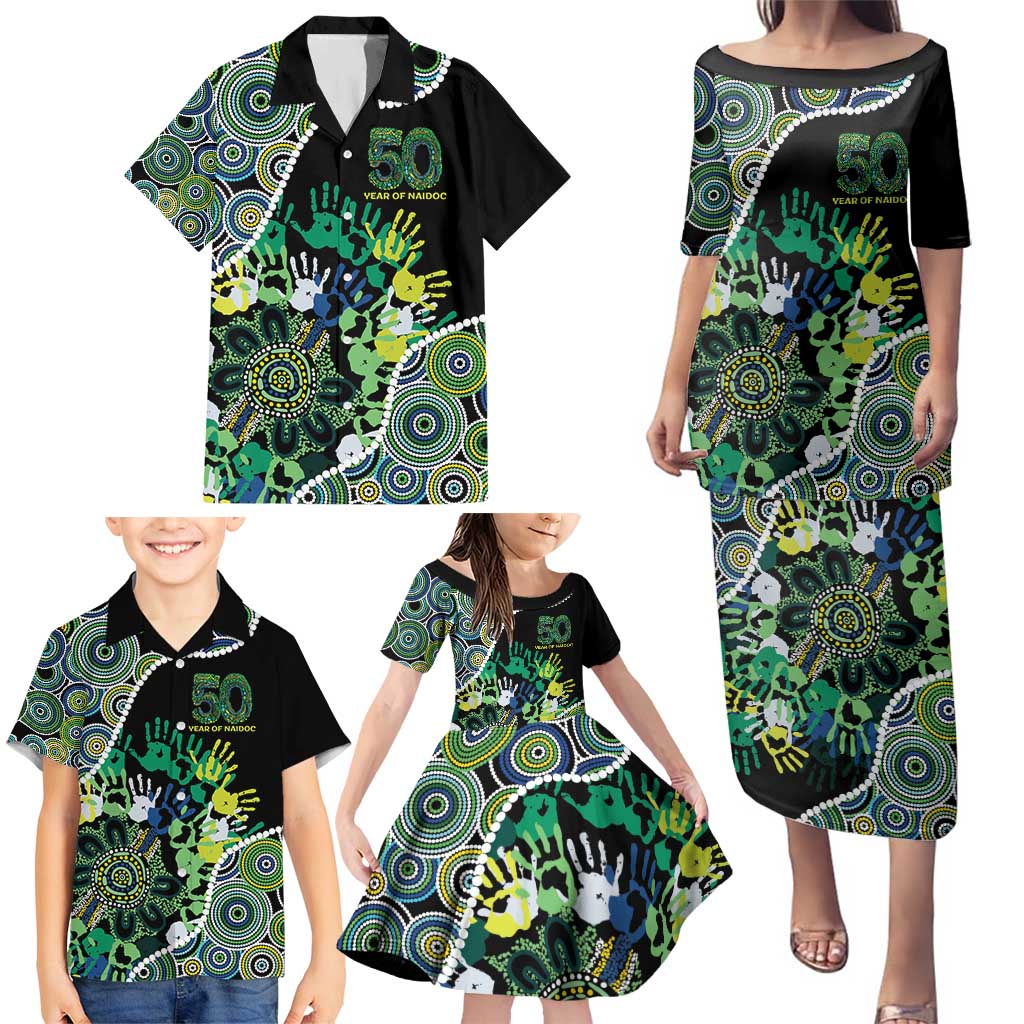 Honouring 50 Year Of NAIDOC Family Matching Puletasi and Hawaiian Shirt Honouring The Next Generation Green Aboriginal Art