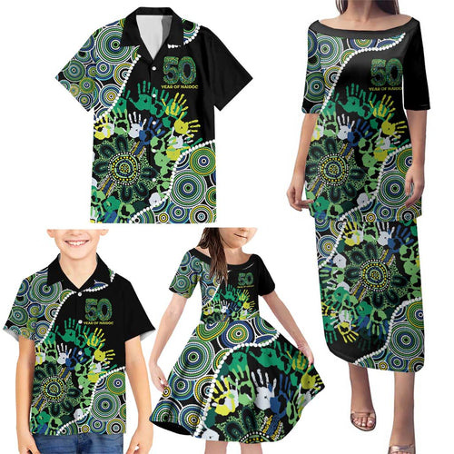 Honouring 50 Year Of NAIDOC Family Matching Puletasi and Hawaiian Shirt Honouring The Next Generation Green Aboriginal Art