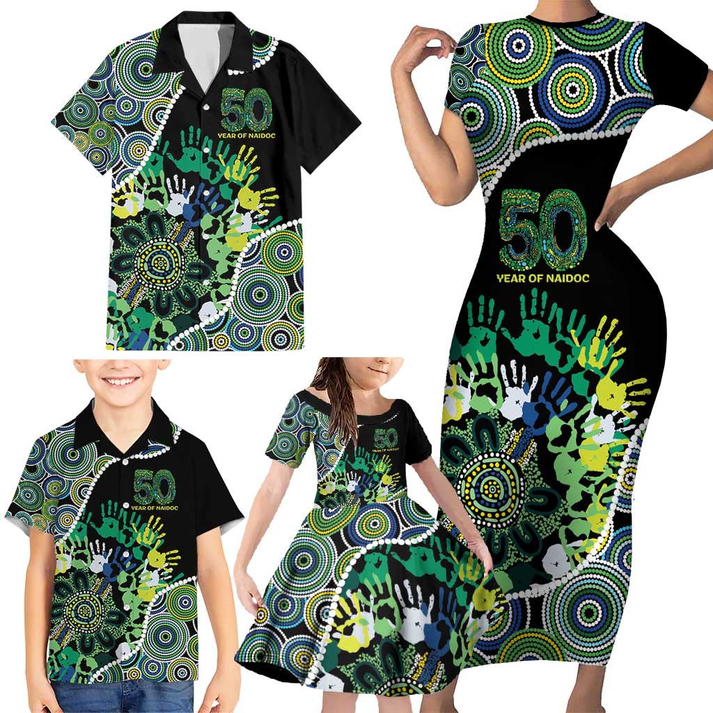 Honouring 50 Year Of NAIDOC Family Matching Short Sleeve Bodycon Dress and Hawaiian Shirt Honouring The Next Generation Green Aboriginal Art