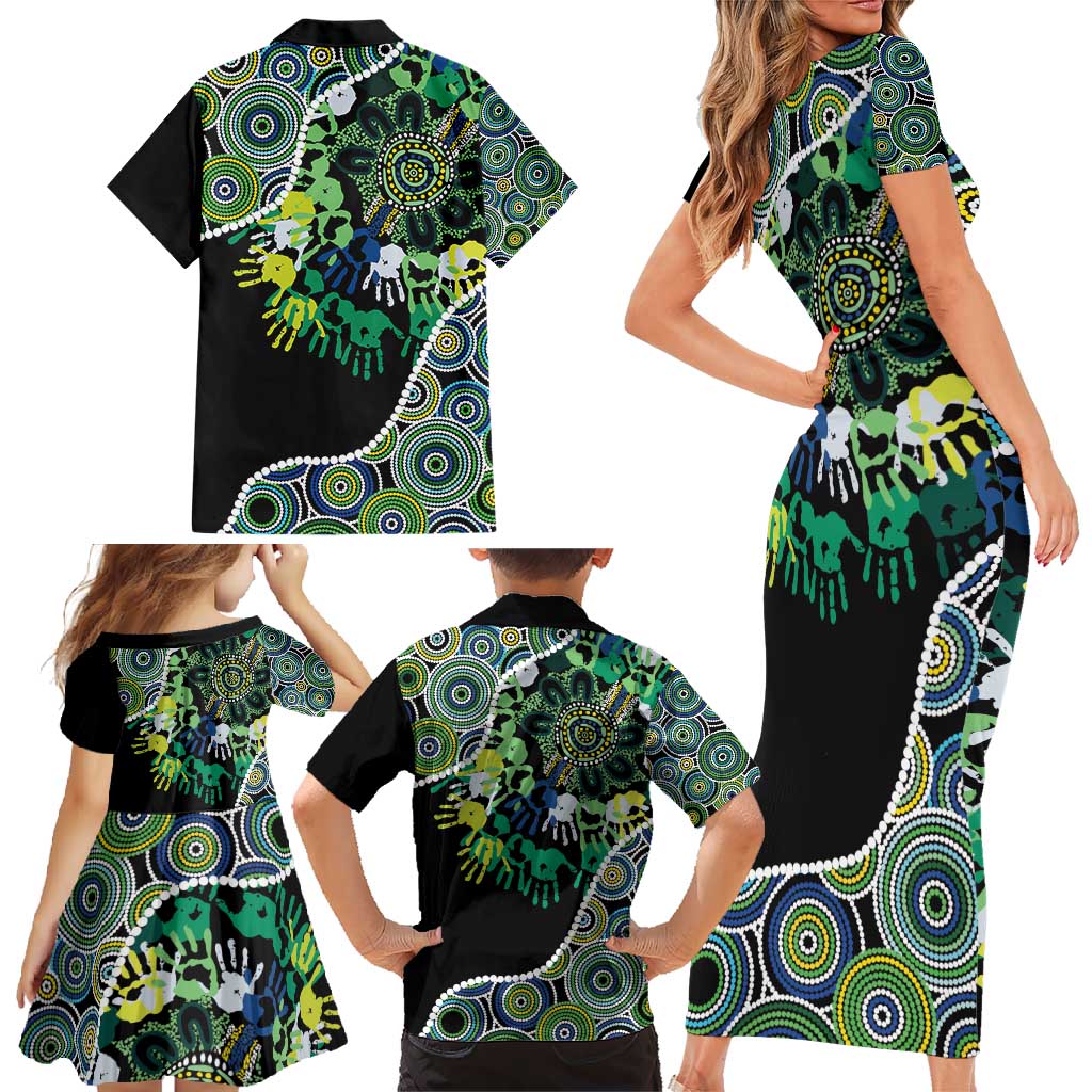 Honouring 50 Year Of NAIDOC Family Matching Short Sleeve Bodycon Dress and Hawaiian Shirt Honouring The Next Generation Green Aboriginal Art