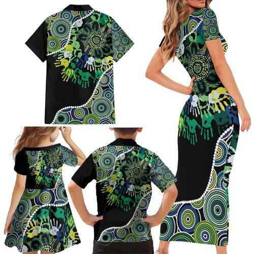 Honouring 50 Year Of NAIDOC Family Matching Short Sleeve Bodycon Dress and Hawaiian Shirt Honouring The Next Generation Green Aboriginal Art