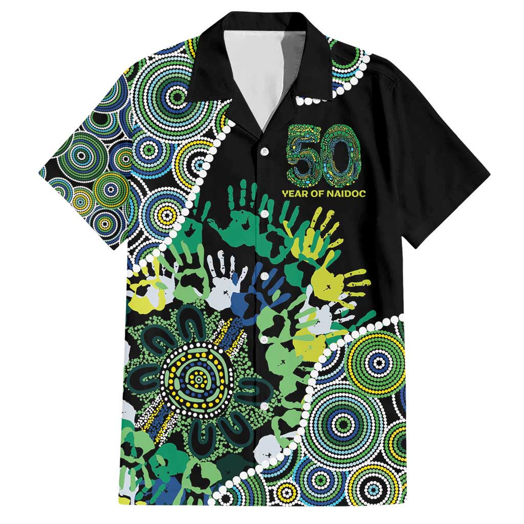 Honouring 50 Year Of NAIDOC Family Matching Short Sleeve Bodycon Dress and Hawaiian Shirt Honouring The Next Generation Green Aboriginal Art