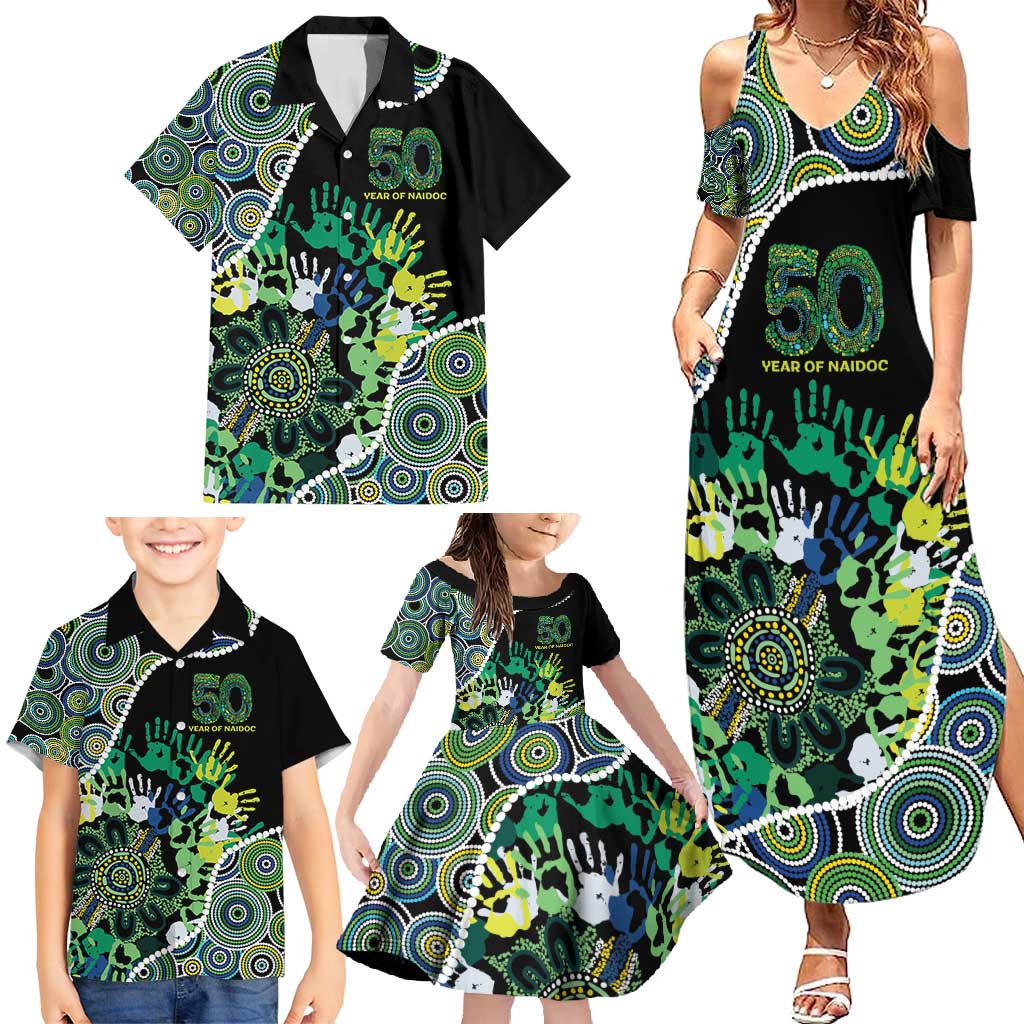 Honouring 50 Year Of NAIDOC Family Matching Summer Maxi Dress and Hawaiian Shirt Honouring The Next Generation Green Aboriginal Art