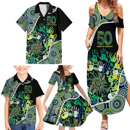 Honouring 50 Year Of NAIDOC Family Matching Summer Maxi Dress and Hawaiian Shirt Honouring The Next Generation Green Aboriginal Art