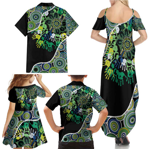 Honouring 50 Year Of NAIDOC Family Matching Summer Maxi Dress and Hawaiian Shirt Honouring The Next Generation Green Aboriginal Art